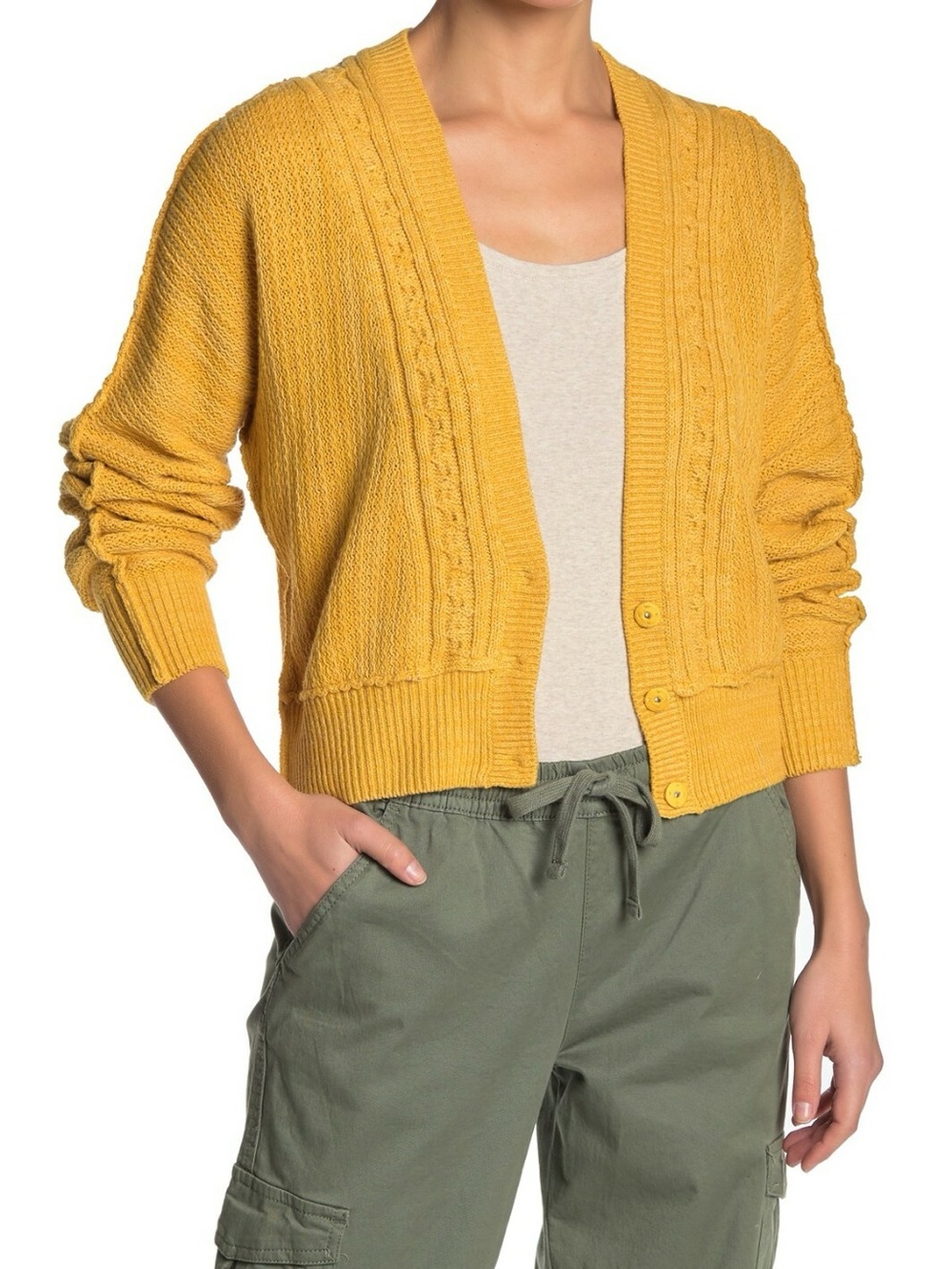 Free People Cropped Mustard Yellow Cable Knit Button Cardigan